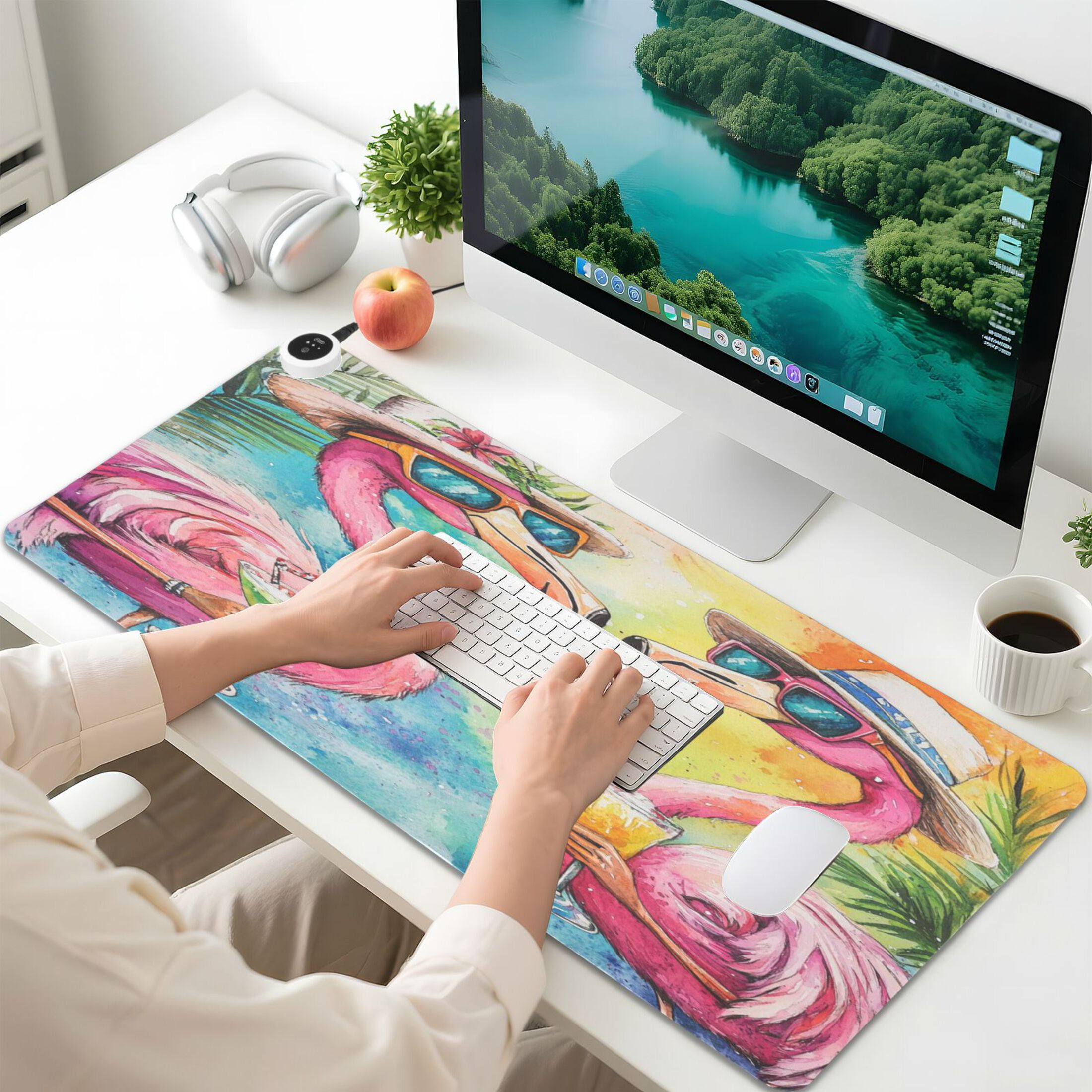 Wobogo Summer Flamingos Heated Mouse Pad Extra-Large Desk Mat With 3 Heating Levels and 3-hour Auto Shut-Off Protection Ideal for Computer Keyboards Home Office Hand-warming Essential 31.5in × 13in