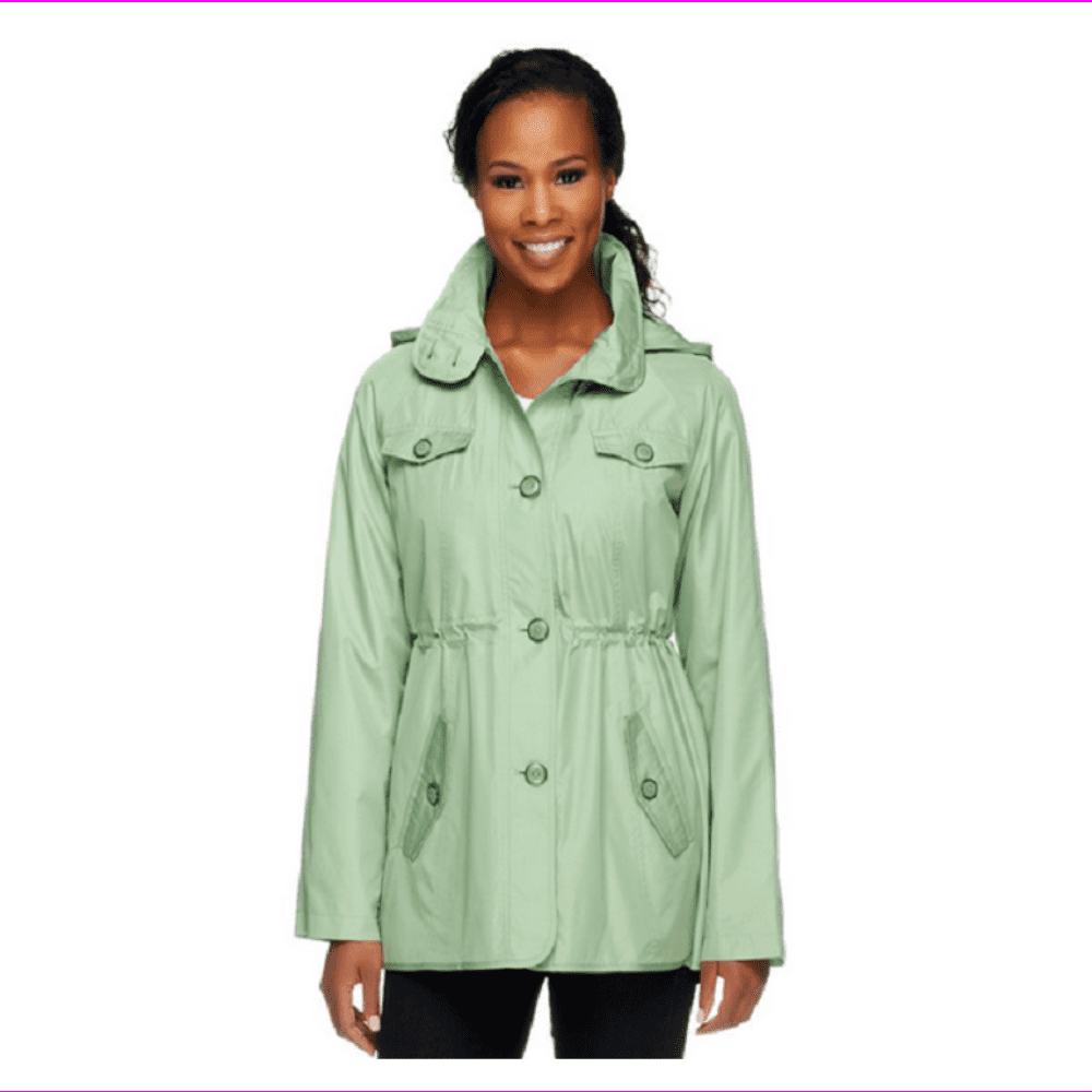 Dennis Basso Water Resistant Floral Lined Anorak Jacket with Hood, Sage ...