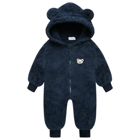 Gibobby Newborn Baby Fleece Jumpsuit Unisex Infant Bear Hooded Onesie with Mitten Cuffs Winter Warm Snowsuit Outfit(Blue,12-18 Months)