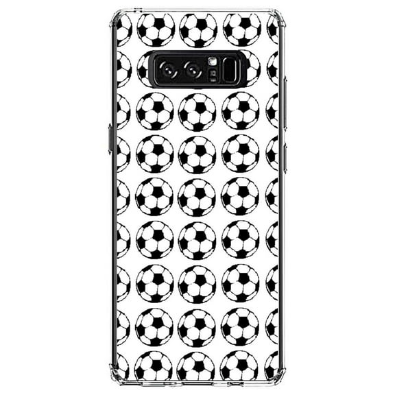 DistinctInk Clear Shockproof Hybrid Case for Samsung Galaxy Note 8 - TPU Bumper, Acrylic Back, Tempered Glass Screen Protector - Soccer Balls Drawing