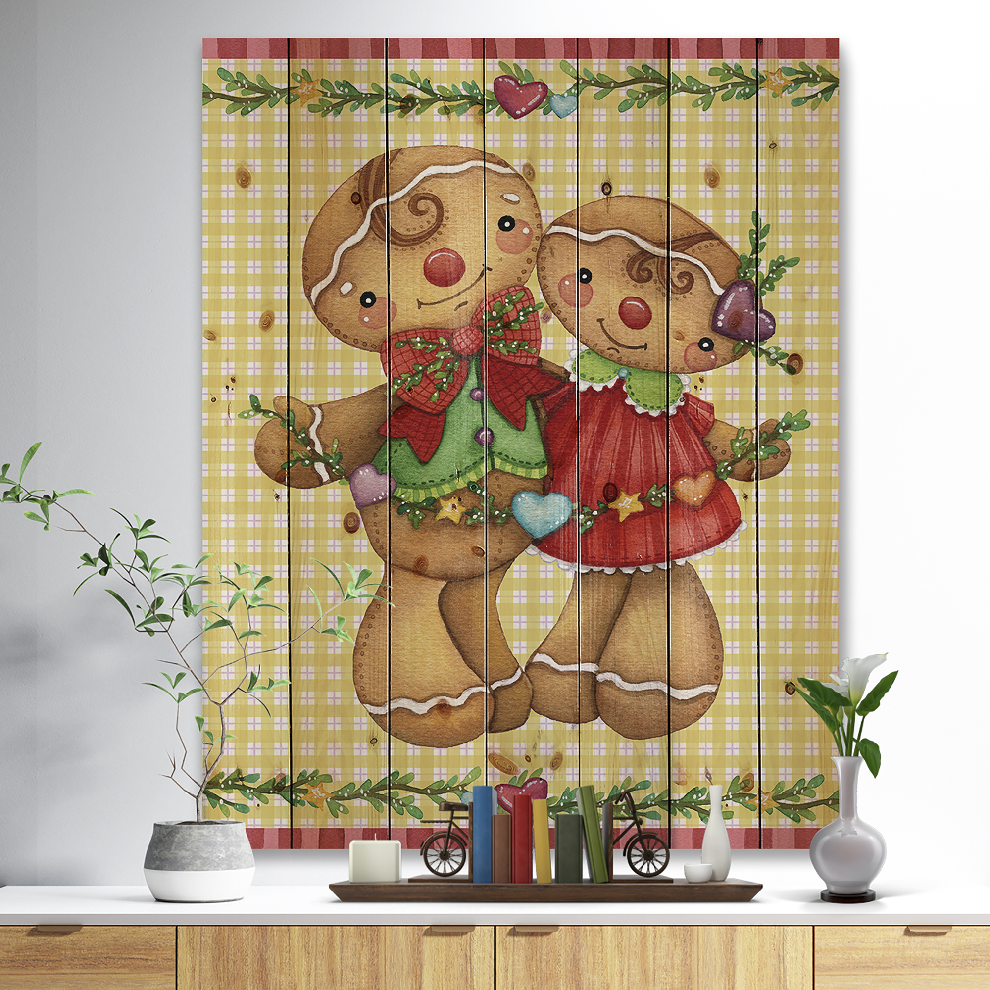 Designart 'Christmas Gingerbread Love' Print on Natural Pine Wood