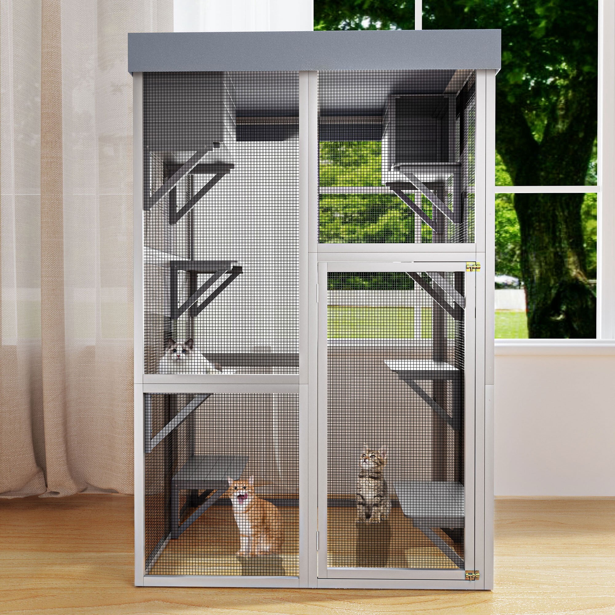 AENKYO 70.5'' H Outdoor Catio Cat Enclosure with Waterproof Roof, 6 Platforms, 2 Napping Houses, Cat House for Multiple Cats, Gray