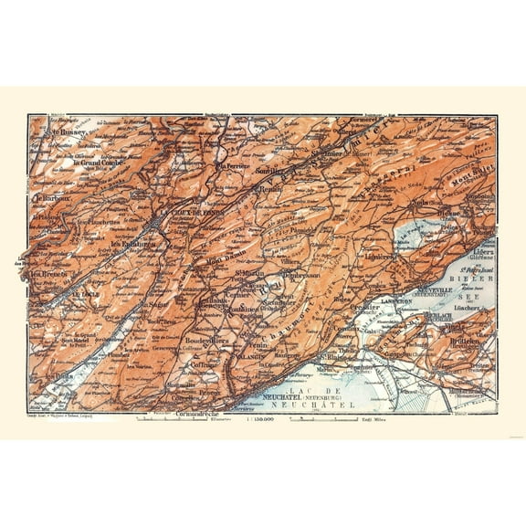 Historic Map - Val de Ruz France Switzerland - Baedeker 1921 - Vintage Wall Art