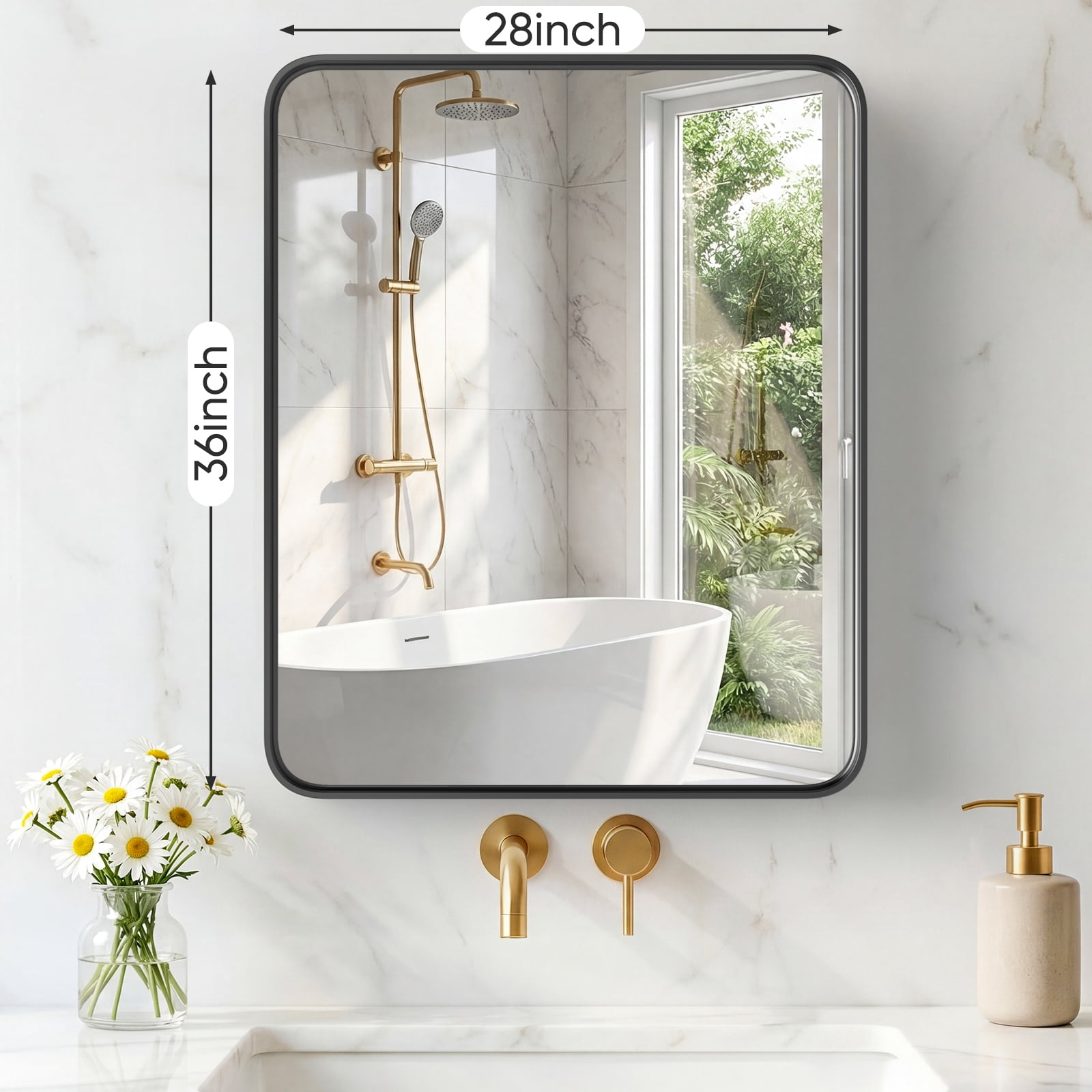 Gianna Anti-Fog Bathroom Wall Mirror – 28" x 36" Shatterproof Vanity Mirror with Rectangular Metal Frame, Black