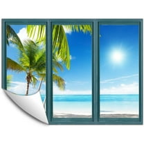 IDEA4WALL Wall Murals for Bedroom Fake Window Beach Blue Window Removable Wallpaper Peel and Stick Wall Stickers - 36x48 inches