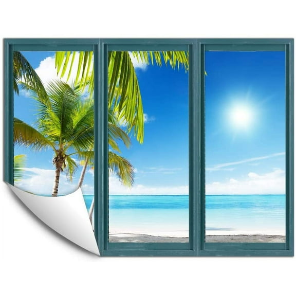 IDEA4WALL Wall Murals for Bedroom Fake Window Beach Blue Window Removable Wallpaper Peel and Stick Wall Stickers - 36x48 inches