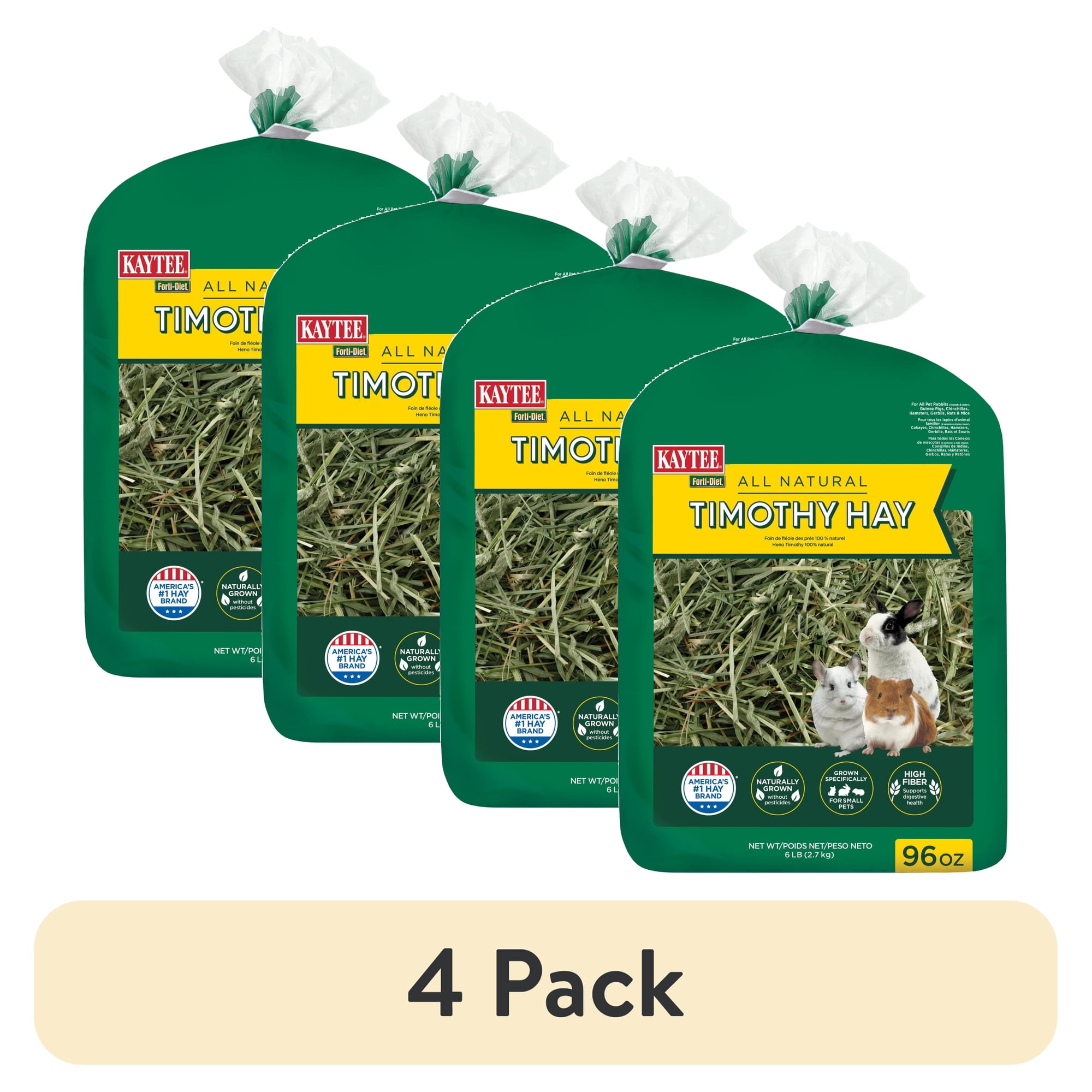 (4 pack) Kaytee Forti-Diet All Natural Timothy Hay for Rabbits, Guinea Pigs, Hamsters, Chinchillas and Other Small Animals, 96 ounce
