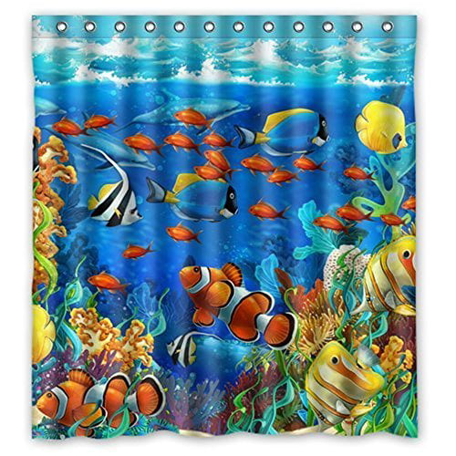 MOHome Blue Ocean Tropical Fish Pattern Shower Curtain