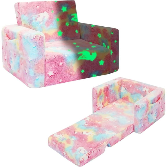 Toddler Couch, Toddler Chair Folding, Kids Couch 2 in 1 Kids Sofa Glow in The Dark Couch, Gifts Sleeper for Girls Boys - Pink Unicorn
