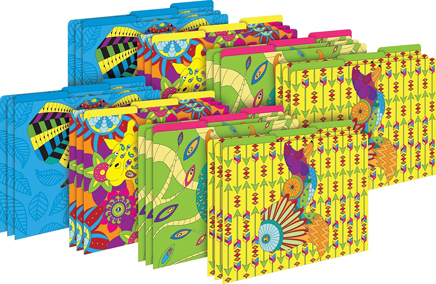 Barker Creek Designer File Folder Set of 24, Bohemian Animals, Multi-Design Set with Boho Animals on Outside, Solid Colors on Inside, 24 Decorative Letter-Sized File Folders in Set (3963)