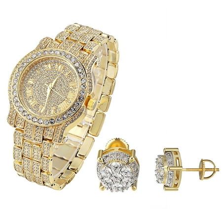 - Solitaire Studs Earrings 14k Gold Finish Techno Pave Watch Bling Simulated Diamonds