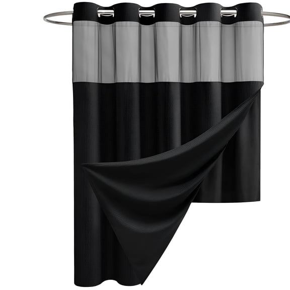 AUQ shower curtain with in liner Black with Magnets Waffle Weave Shower Curtains for Bathroom Mesh Top Window Less 3 in 1 Shower Curtain and Liner Set 72" 75"