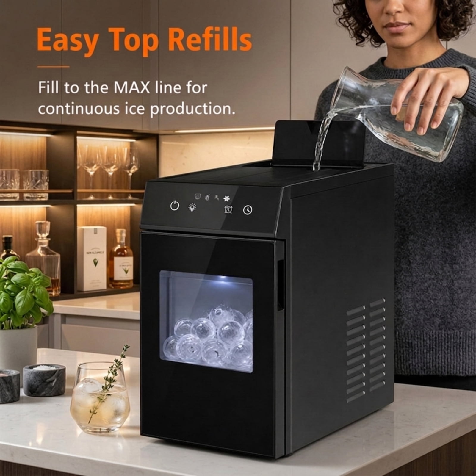 RUIE 2 Inch Ice Ball Maker Countertop, Compact Sphere Ice Machine with Self-Cleaning and 8H Timer for Home Bar Whiskey Cocktails, Black