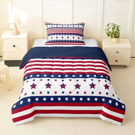 Manfei Stars Striped Twin Comforter Sets,Red Navy Bedding Set,Navy Blue Reversible,2pcs,1 Comforter and 1 Pillowcase