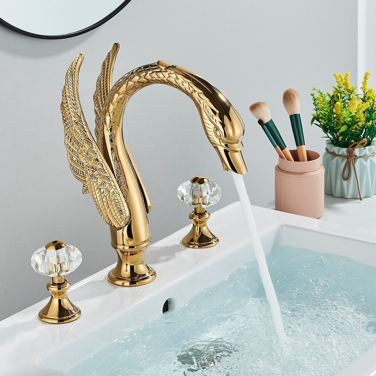 Widespread Golden Swan Style Bathroom Sink Faucet Deck Mount Sink Mixer Tap