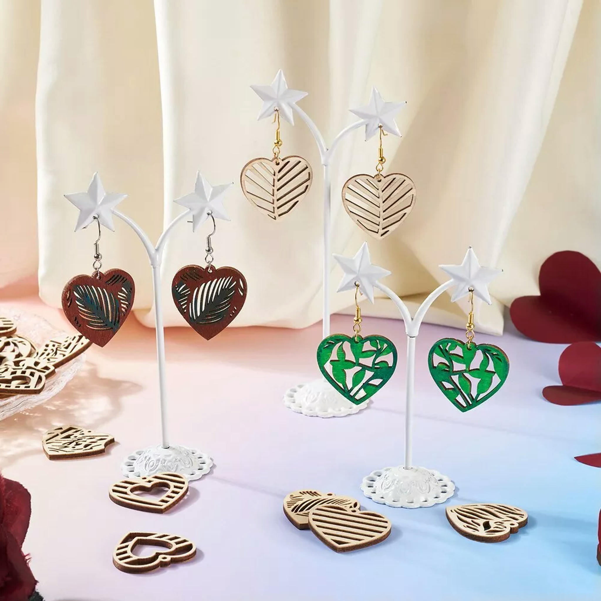 EOEMY 1 Box Undyed Burlywood Natural Wood Hollow Heart Dangle Earrings Diy Making Kit