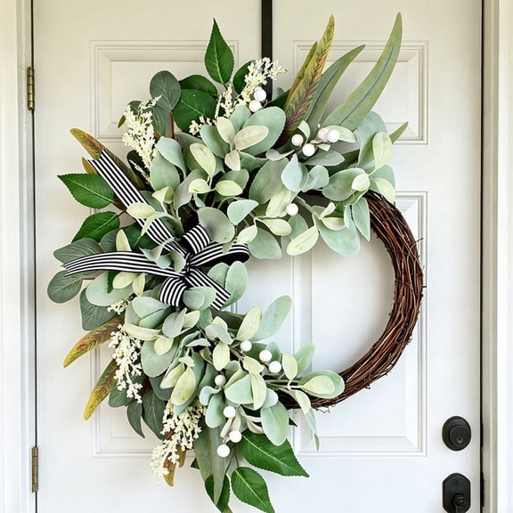 Yardvibe Artificial Lambs Ear Wreath, 25.5" Green Farmhouse Wreaths with Striped Bow for Front Door Year Round, Home Decor Window Wall Wedding