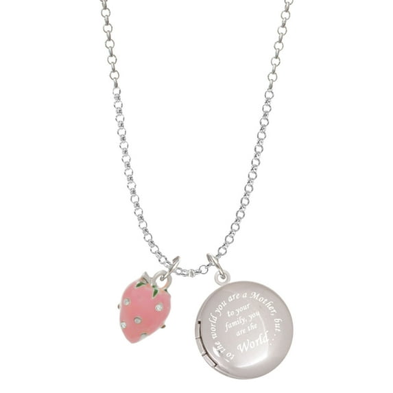 Delight Jewelry Silvertone Large 3-D Pink Strawberry with Crystals To the World You are a Mother Locket Necklace