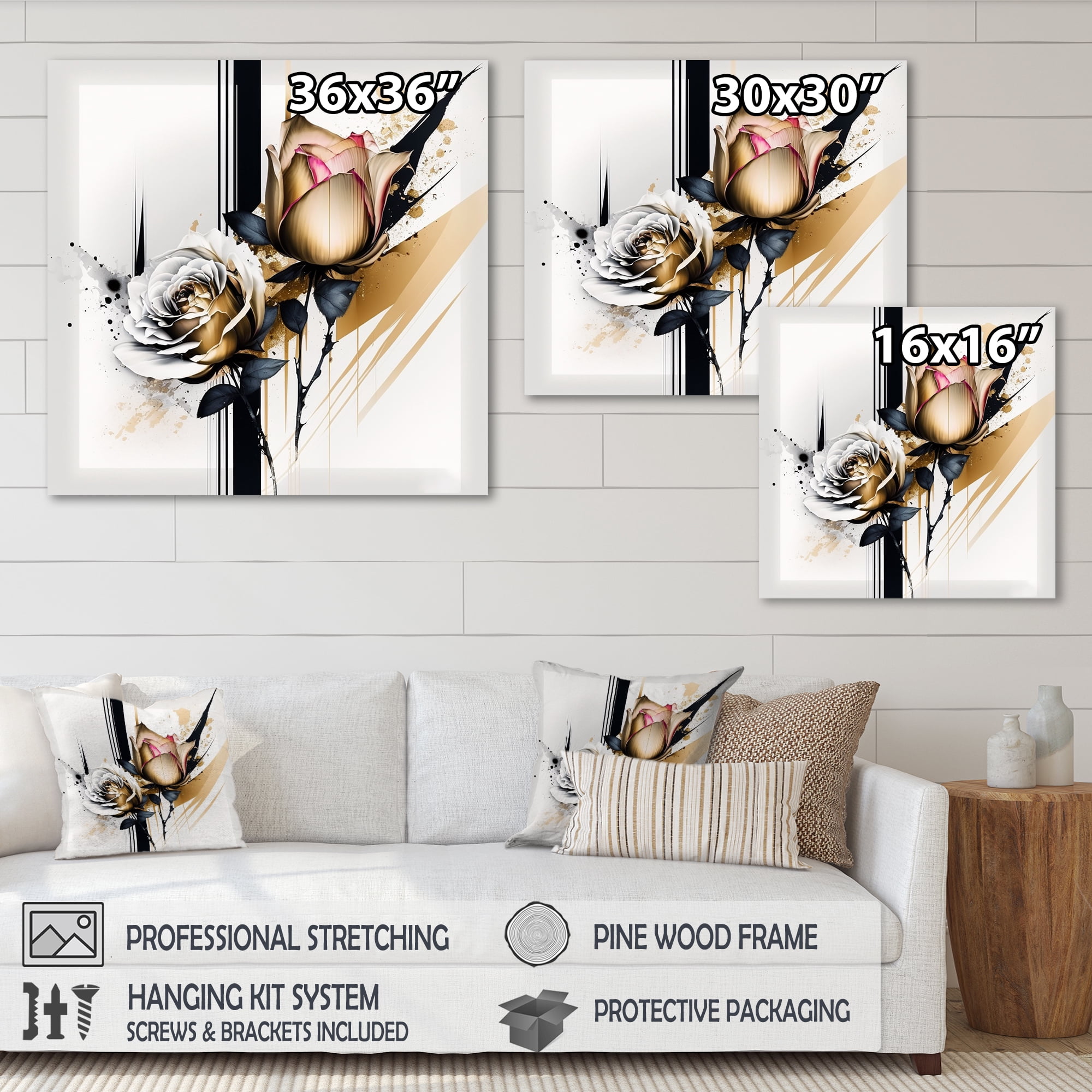 Designart Roses Flow Flower On Golden Beige Paint VII Canvas Wall Art