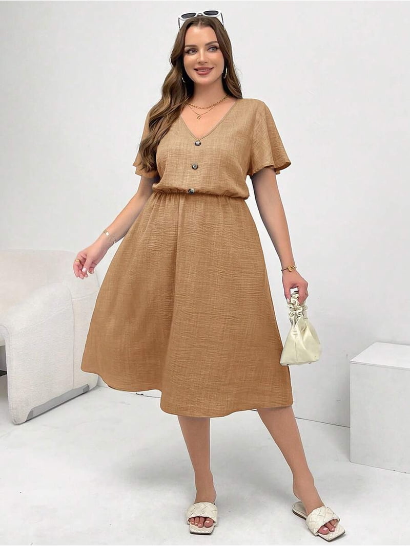 casual khaki dress womens /// Khaki Plus Size Womens V-Neck Short Sleeve Loose Mid-Length Dress With Pockets Casual Daily Wear, Women's, Size: 4XL, Beige