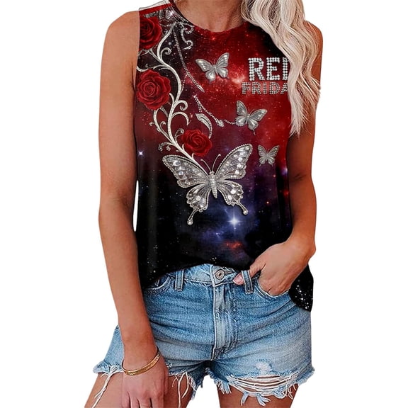 Wang6 Women's Loose Fit Plus Size Tank Tops Casual Sleeveless Red Friday Letter Printed T Shirts Summer Basic Going out Tops Graphic Tees 0505liRed4 XL