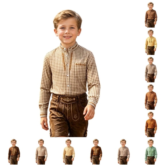 JAJAHO Boys Plaid Shirts Kids Boy Button Down Shirt Long Sleeve Stand Collar Regular Fit Dress Blouses School Uniform Wear 2-14Y Comfy Tops