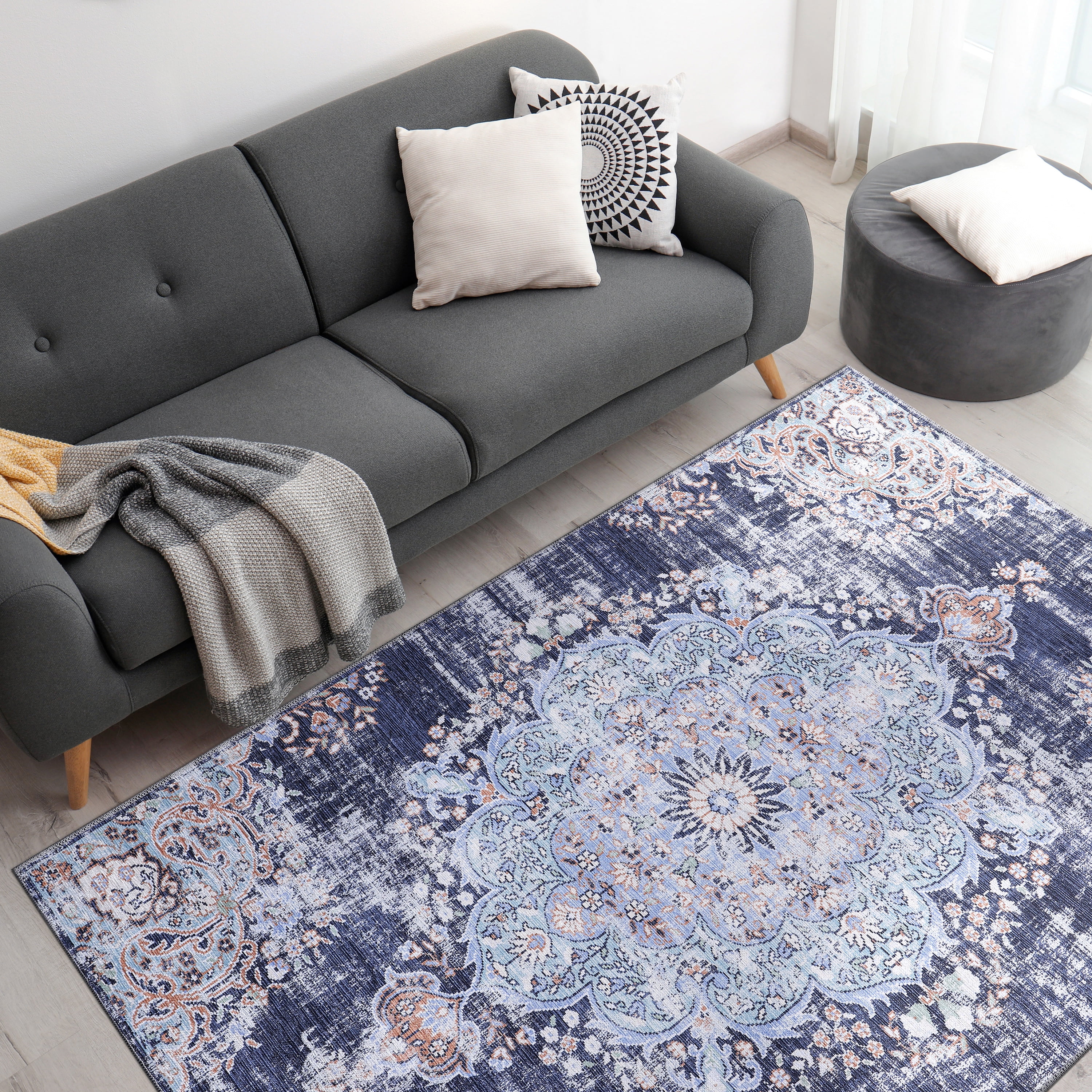 CAMILSON Machine Washable Rug, Distressed Vintage Area Rugs, Stain and Water Resistant, Traditional Bohemian Indoor Carpet (5x7, Navy Blue)