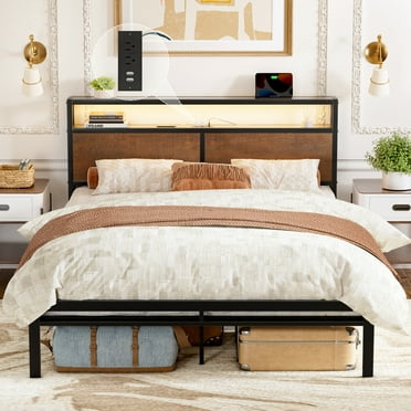 GUNAITO Queen Size Bed Frame with Wooden Headboard Metal Platform Bed Frame with LED Lights Charging Station Rustic Brown