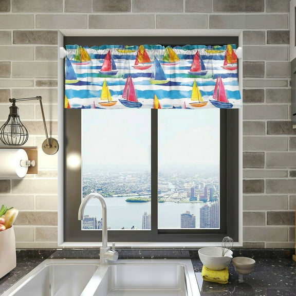 Yayeee Kitchen Valance Rod Pocket 54" x 18" Living Room Window Curtain, Yellow Hand Drawn Sailboats