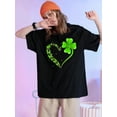 thumbnail image 1 of Camiseta De Verano Con Cuello Redondo Para Mujer, Camisetas De Verano Para Ir De Compras En La PlayaWomen's St. Patrick's Day Festive Black T-Shirt with Green Shamrock Heart Design - Casual Crew Nec, 1 of 8