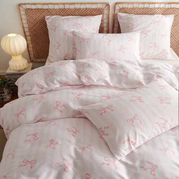 Bow Duvet Cover Twin Size Pink Striped Bowknot Bedding Set Cute Bows Vertical Stripes Soft Breathable Microfiber Comforter Cover Set with Zipper Closure and 1 Pillowcase