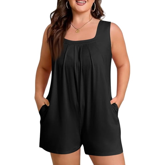 Women Sleeveless Scoop Neck Loose Fit Romper with Pockets Casual Summer Outfit