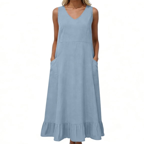 Maqroz Linen Dresses for Women Sleeveless V Neck Tank Pocketed Sundress Cotton Linen Summer Beach Vacation Outdoor Outfits Light Blue M