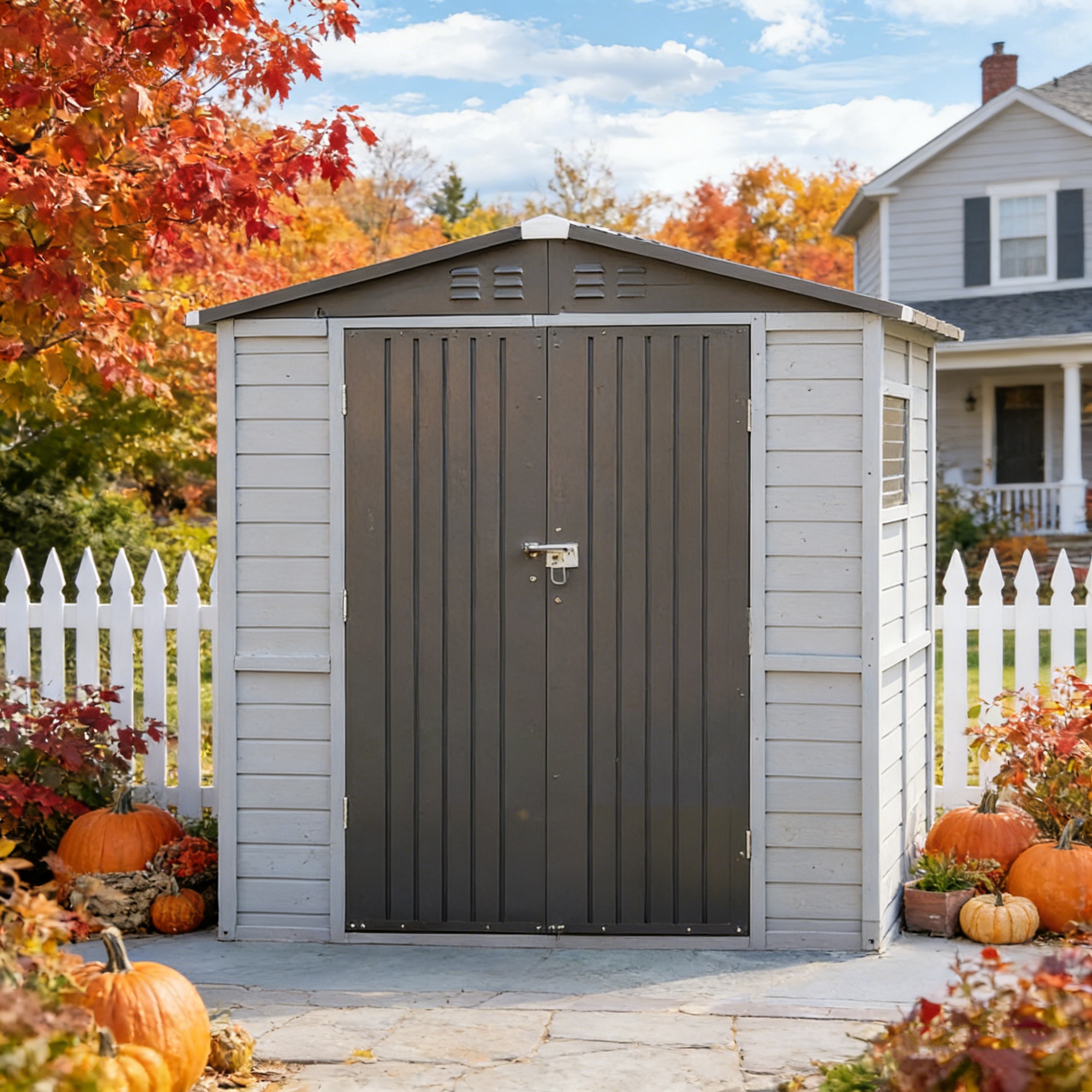 Fehomix 4x6 FT Outdoor Storage Shed, Iron-Wood Combination Tool Shed with Windows, All-Weather Garden Shed for Lawn Tools, Bike & Patio Furniture Storage - Easy Assembly