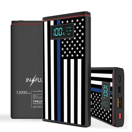 

INFUZE Portable Charger for Samsung Galaxy A52 5G Power Bank (18W Power Delivery USB-C/USB-A Ports 12000mAh Capacity USB Cables with Touch Tool) - Thin Blue Line USA Flag