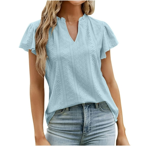 VANLOFE V-Neck T-Shirts Light Blue V-Neck Women Tee Shirts Women's Fashion Solid Color Casual V-Neck Short Sleeve Loose T-shirt Tops Gift for Girlfriend