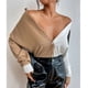 thumbnail image 2 of Camisa de mujer con botones de una sola fila, costura de color, manga larga, bolsillo de un lado, dobladillo suelto, camisa informal para uso diario, color caqui L, 2 of 7