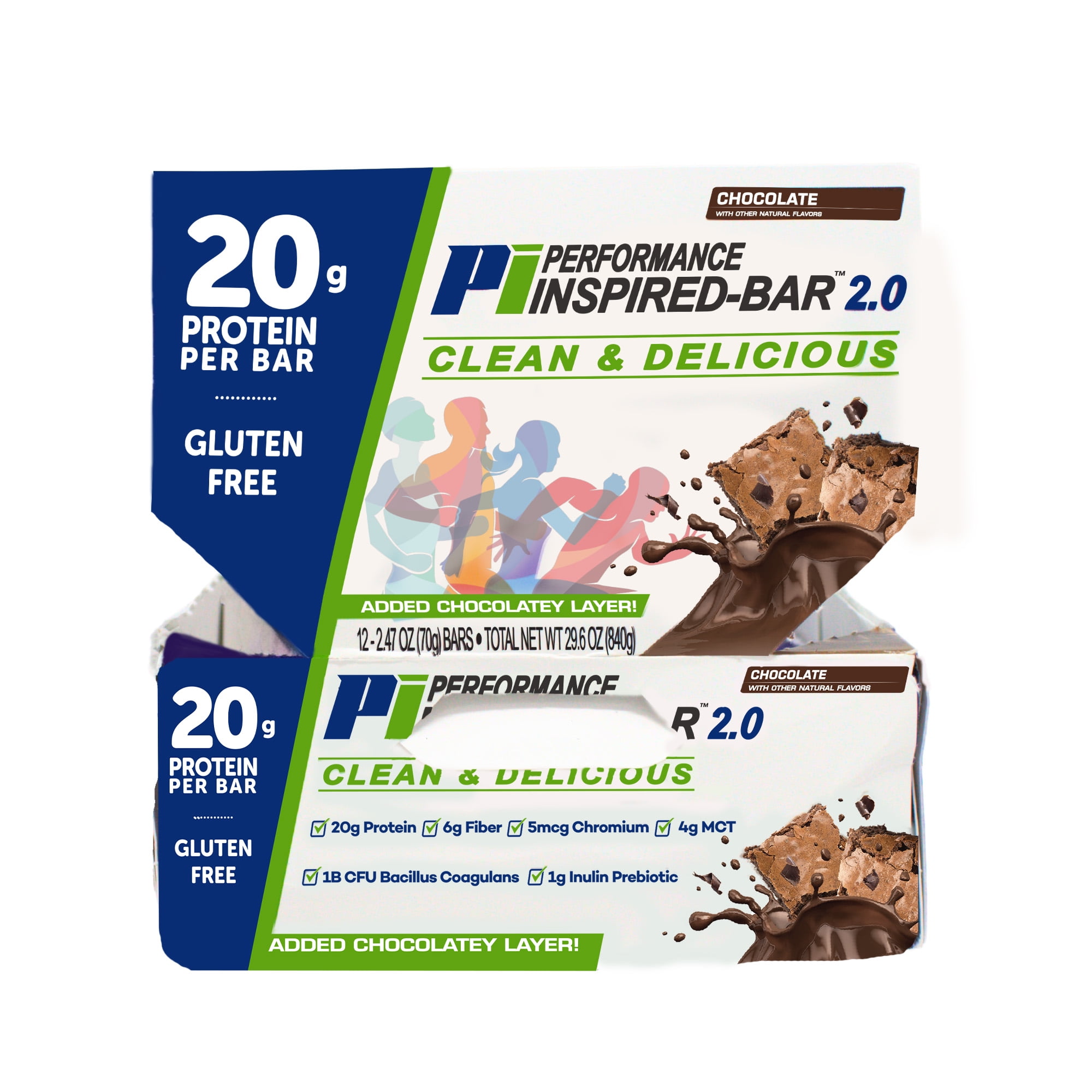 Performance Inspired Nutrition - Protein Bar 2.0 – 20G Protein - 6G Fiber - 4G MCTs - 1 Billion CFU Probiotics – 1G Prebiotics - G Free – 70G Bar - Chocolate - 12 Ct. Box