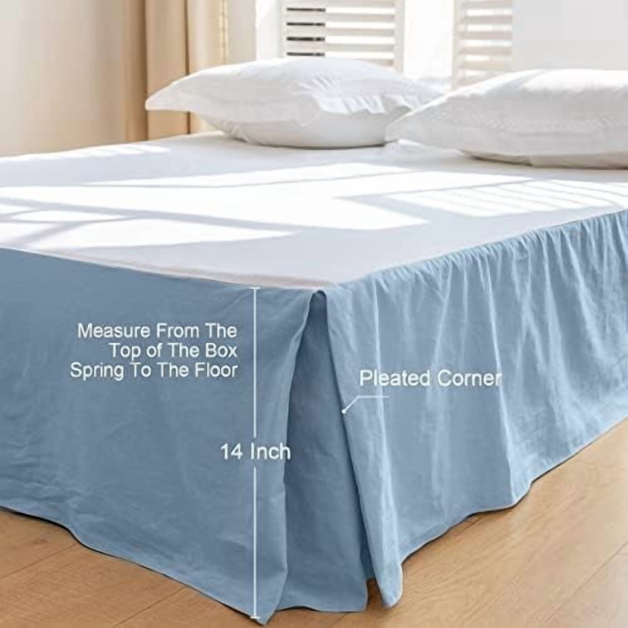 French Linen Bed Skirt with Pleated Corner 14-Inch Tailored Drop Natural Flax Cotton Blend Basic Dust Ruffle Soft Cozy Farmhouse Bedding (14" King, Basic Dusty Blue)