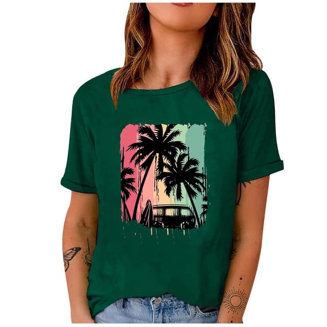 RKSTN Hauts d'Été pour Femmes 2023 Mode Tendance Imprimé Col Rond Manches Courtes T-Shirt Style Plage d'Été Décontracté Ample Blouse T-Shirts