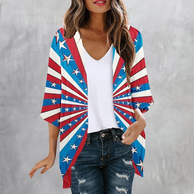 Pisexur Cardigan for Women Light Weight Cardigans Sun Protection CardiganLadies' Cardigan Independence Day Printed Spring And Summer Long Sleeved Printed Multicolor,XXL