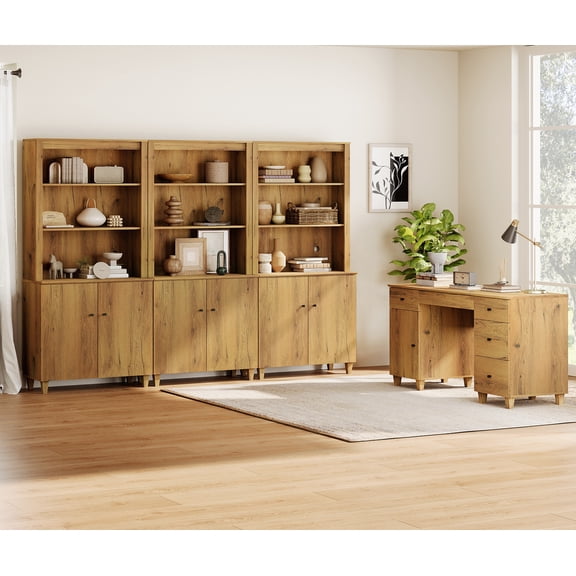 WAMPAT Home Office Furniture Set, 58" Executive Desk with Charging Station and Cabinet, 3-Column 71" Tall Bookcase with Doors and Adjustable Shelves for Living Room,Dark Brown Wood