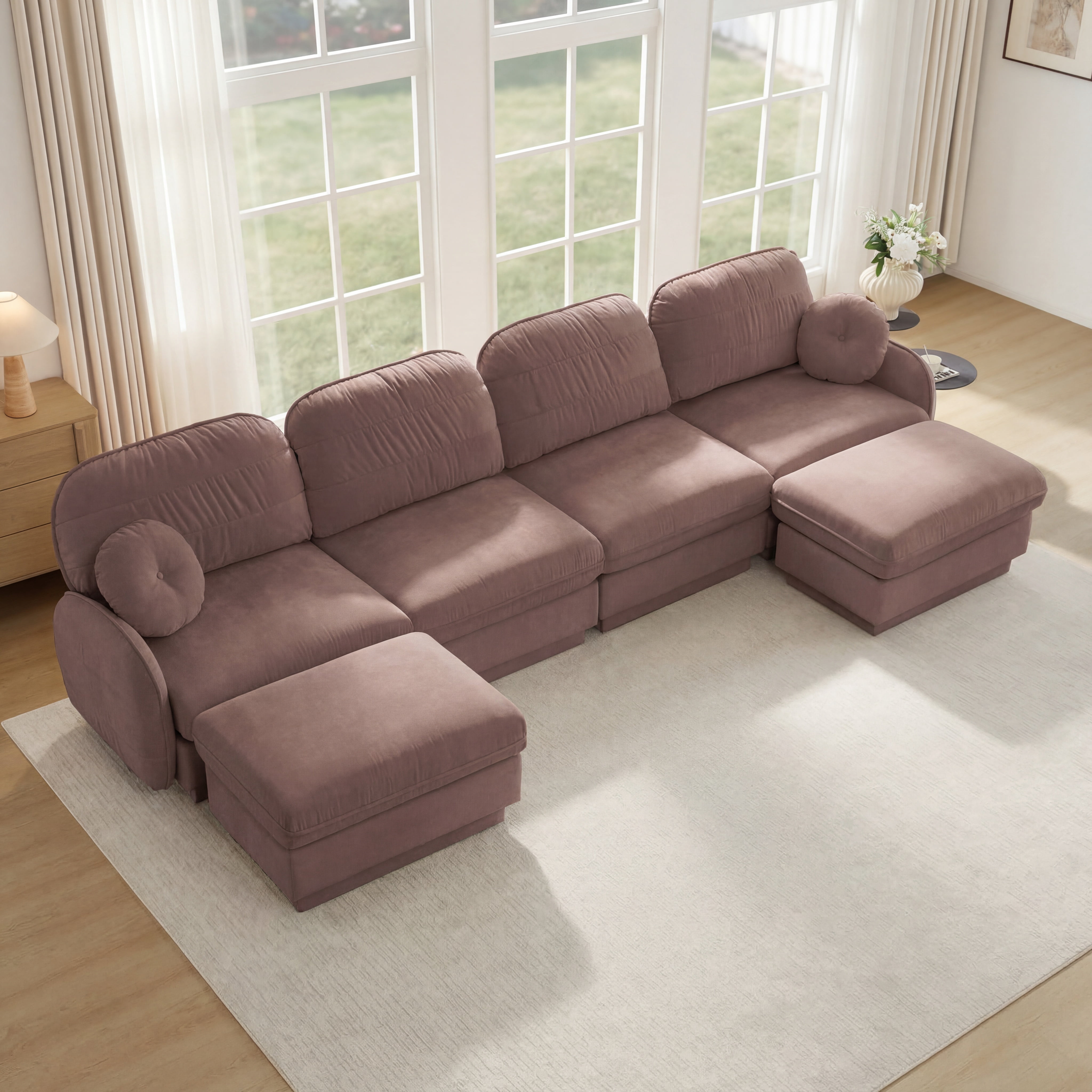 Mintazer 137" Chenille Cloud 4-Seater Modular Sectional Sofa with 2 Movable Ottoman & Round Pillows, U-Shaped Ergonomic Sofa Couch for Living Room, Apartment, Rose Dust