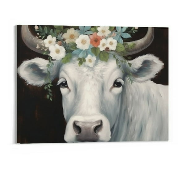 Creowell Fall Decor White Cow Canvas Print Canvas Wall Art Picture 20x16in for Living Room Bedroom 20x16in