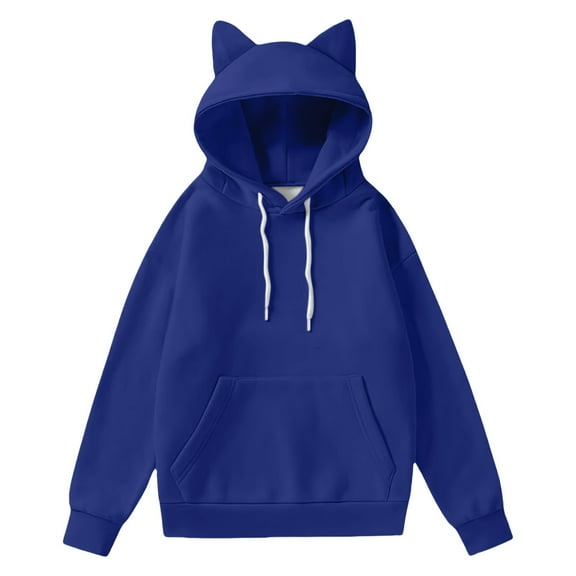 ManxiVoo Y2K Women Oversized Pullover Hoodie with Soft Cat Ears and Pockets Loose Long Sleeve Cozy Sweatshirt L Size Blue