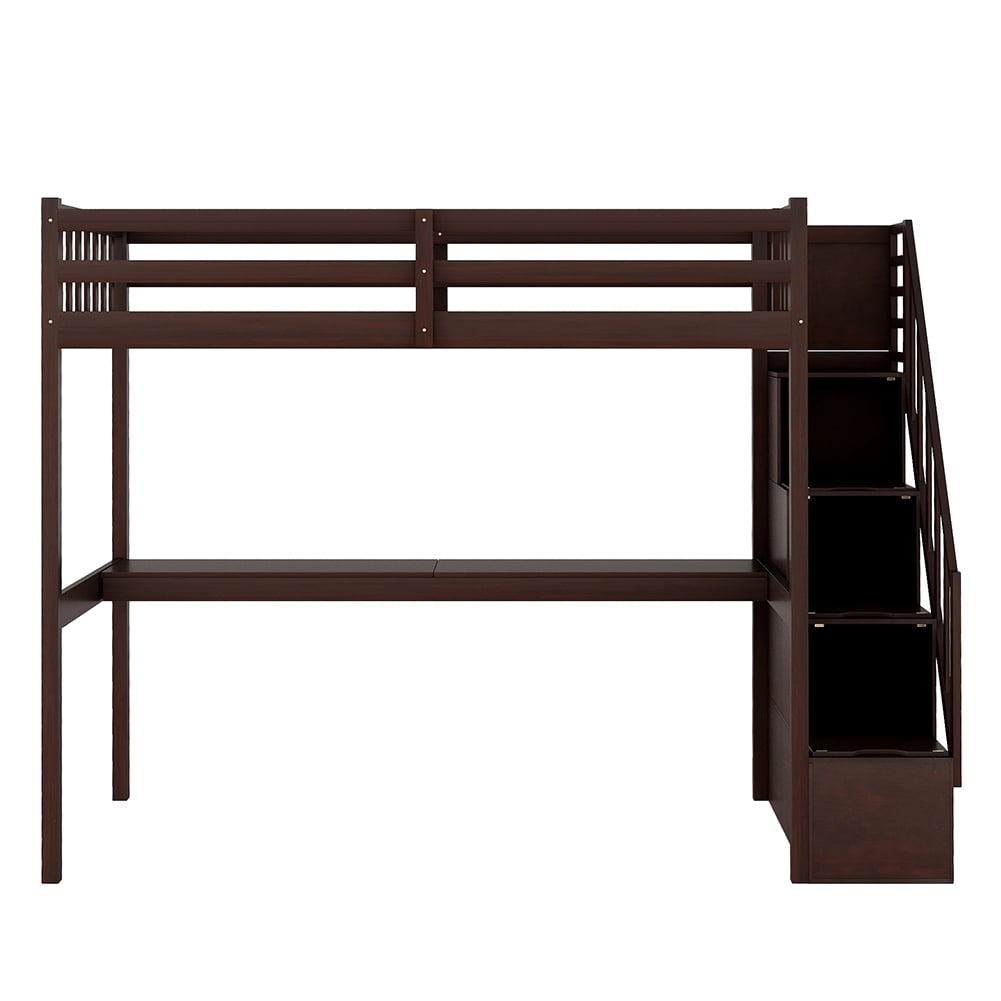 Kadyn Wooden Loft Bed with Storage Stairs, Under-bed Desk and Gaming Area, Twin, Espresso