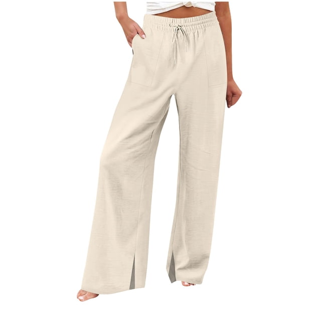 AherBiu Boho Pants for Women Slit Straight Wide Leg Drawstring High Waisted Summer Trousers with Pockets
