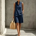 thumbnail image 2 of Women's Cotton Linen Outfit Stand Collar Sleeveless Henley Top Knee Length Bermuda Shorts Casual Set Dark Blue XL, 2 of 4