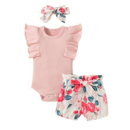 

EHTMSAK Newborn Infant Toddler Baby Girl Short Sleeve Bodysuit and Shorts Set Outfits Clothing Set Summer Pink 1M-2Y 100