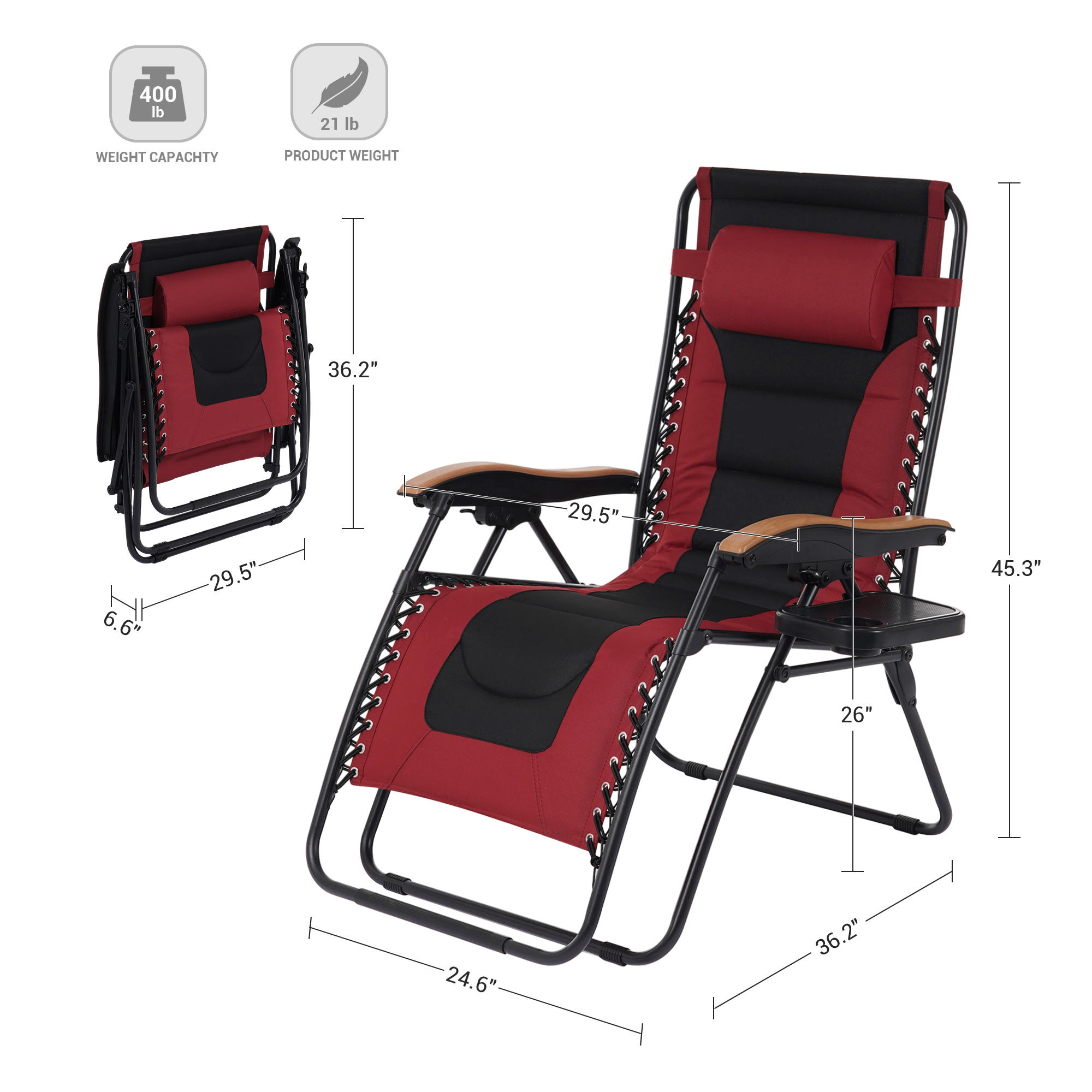 Sonerlic 1Pcs Outdoor Patio Adjustable Padded Zero Gravity Chair with a Side Tray for Patio, Deck, Poolside and Garden,Red - image 5 of 9